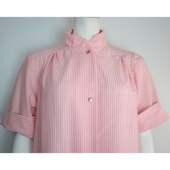 VINTAGE WOMEN'S PINK & WHITE STRIPED SHORT SLEEVE LONG NIGHTGOWN HOUSE DRESS 14 - Picture 3 of 10